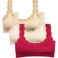 Vexor 3 Adet Dantel Nakış Işlemeli Pedli Bambu Kadın Büstiyer Ten Krem Bordo