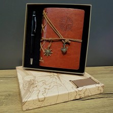 Flamex Kahverengi Pusula Tasarım Deri Defter ve Siyah Kalem Seti