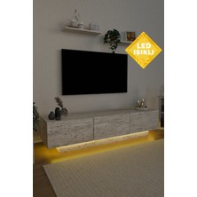 Estoria Home Terra LED Işıklı Traverten Mermer Tv Ünitesi Modern Uçan Tv Sehpası 3 Kapaklı Bohem Minimal Tasarım