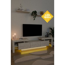 Estoria Home LED Işıklı Terra Tv Ünitesi 190CM Modern Kullanışlı 3 Kapaklı Raflı Uçan Tv Sehpası Traverten Desen