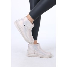 Kürklü Bot Kristal Taşlı Arka Fermuarlı ve Yan Çıtçıtlı Kısa Düz Taban Kışlık