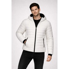 Başak Collection Erkek Şişme Kapüşonlu Fermuarlı Mont Su Itici Kapitone Astarlı Kumaş Cepli Kışlık Rahat Kalıp - Krem