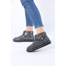 Kürklü Bot Kristal Taşlı Arka Fermuarlı ve Yan Çıtçıtlı Kısa Düz Taban Kışlık