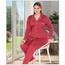 Melodi Kadın Büyük Beden %100 Pamuk Önden Düğmeli Uzun Kol Baharlık Pijama Takımı 17140- 1 Adet