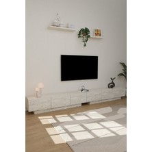 Estoria Home Terra Tv Ünitesi 260CM Modern Kullanışlı 6 Kapaklı Raflı Uçan Tv Sehpası Traverten Desen