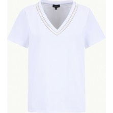 Fabrika V Yaka Düz Kırık Beyaz Kadın T-Shirt F6SL-TST0353