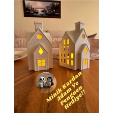 Figürlab Kış Evleri 2'li Set Dekoratif Noel Evler Tealight Mum, LED Mum Dahil