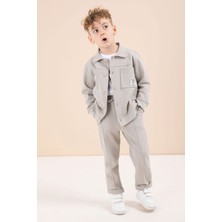 Cansın Mini Bej Arma Detaylı Gömlekli Duble Paça Pantolonlu Erkek Çocuk 3lü Takım 23622