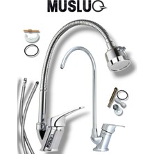 Musluq 2'li Set Hareketli Borulu 2 Fonksiyonlu Mutfak Eviye Musluğu Bataryası - Arıtma Musluğu Bataryası