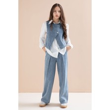 Cansın Mini Mavi Düğmeli Jean Yelekli ve Pantolonlu Kız Çocuk Gömlekli 3lü Takım 23598