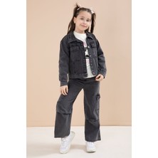 Cansın Mini Siyah Jean Ceketli Kargo Cepli  Pantolonlu Kız Çocuk Badili 3lü Alt Üst Takım 23613
