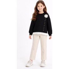 Cansın Mini Siyah Dantel Detaylı Badili Jean Pantolonlu Kız Çocuk Alt Üst Takım 23593