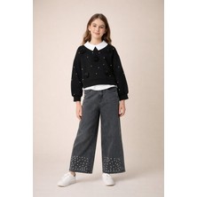 Cansın Mini Siyah Inci Işlemeli Badili ve Jean Pantolonlu Kız Çocuk Gömlekli Takım 23599