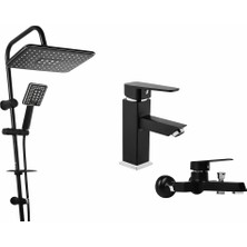 Siyah Kare Set 3 Lü Lavabo Bataryası Banyo Bataryası