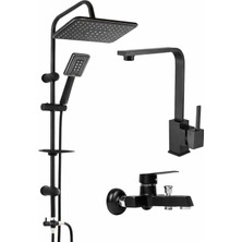 Siyah Robot Siyah Kare Set Lavabo-Evye-Banyo Bataryası 3'lü Lüks Eviye Set