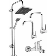Musluq Krom Renk Baston Borulu Lavabo-Eviye-Banyo-Duş Robot-Duş Sistemleri 4'lü Set Modern Set