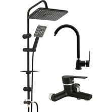 Fulcie Siyah Robot Tepe Yağmurlama Delta Banyo - Mutfak - Lavabo Bataryası Musluğu Çeşmesi 4'lü Modern Set