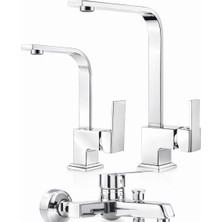 Musluq Krom Kare Evye Lavabo Banyo Bataryası 3 Lü Set