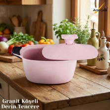 Katre 20 cm Granit Köşeli Derin Tencere Alüminyum Kapak - Pembe