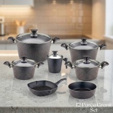 Arzu Çelik 12 Parça Granit Set Cam Kapak - Siyah