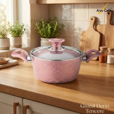Arzu Çelik 20 Cm Granit Derin Tencere Cam Kapak - Pembe