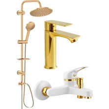 3'lü Banyo Batarya Seti Gold Robot Duş Seti - Gold Sabit Lavabo - Beyaz Gold Banyo Bataryası