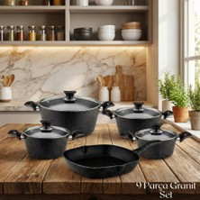 Arzu Çelik 9 Parça Granit Set Cam Kapak - Siyah