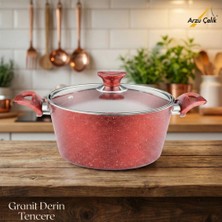 Arzu Çelik 24 Cm Granit Derin Tencere Cam Kapak - Kırmızı