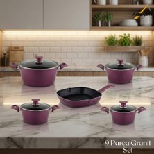 Arzu Çelik 9 Parça Granit Set Cam Kapak - Mürdüm