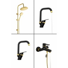 Gold Kare Robot Seti, Siyah Gold Banyo, Lavabo, Mutfak Bataryası Çeşmesi 4’lü Set