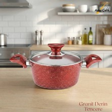 Arzu Çelik 20 Cm Granit Derin Tencere Cam Kapak - Kırmızı