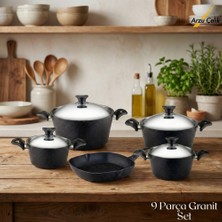 Arzu Çelik 9 Parça Granit Set Çelik Kapak - Siyah