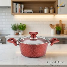 Arzu Çelik 18 Cm Granit Derin Tencere Cam Kapak - Kırmızı