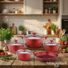 Arzu Çelik 9 Parça Granit Set Cam Kapak - Kırmızı