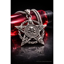 Paslanmaz Çelik Okült Sembollü Erkek Gotik Kurukafa Pentagram Kolye