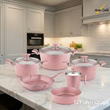 Arzu Çelik 12 Parça Granit Set Cam Kapak - Pembe