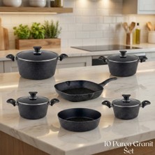 Arzu Çelik 10 Parça Granit Set Cam Kapak - Siyah