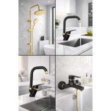 Gold Kare Robot Seti, Siyah Gold Banyo, Lavabo, Mutfak Bataryası Çeşmesi 4’lü Set