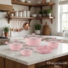 Arzu Çelik 9 Parça Granit Set Cam Kapak - Pembe