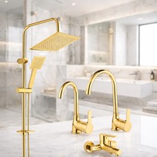 Gold Altın Yağmurlama Tepe Duş Seti Mutfak Lavabo 4'lü Batarya Musluk Seti