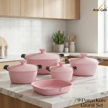 Katre 9 Parça Kare Granit Set Alüminyum Kapak - Pembe