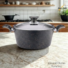 Arzu Çelik 28 Cm Granit Derin Tencere Cam Kapak - Siyah
