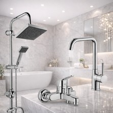 Krom 3lü Set Banyo Bataryası Eviye Bataryası Lavabo Bataryası Duş Tepe Yağmurlama Seti Özel Seri 2