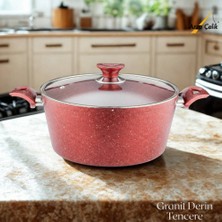 Arzu Çelik 28 Cm Granit Derin Tencere Cam Kapak - Kırmızı