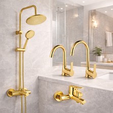 Yuvarlak Gold Mutfak Lavabo Banyo Bataryası Set Tepe Duş Seti Lüks Batarya 4'lü Duş Set