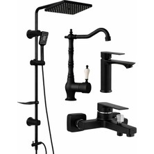 Musluq Siyah Robot Siyah 4 Lü Set Banyo Lavabo Evye Lüks Eviye-Banyo-Lavabo-Duş Seti