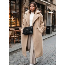 1Tarz Kadın Peluş Düğmeli Kışlık Ceket Krem Renkli Normal Kalıp Cepli Günlük Stil