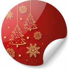 Koliciabla Yılbaşı Ağacı Desenli Yuvarlak Sticker - Kırmızı Gold Hediye Etiketi (4x4 cm) - 48 Adet