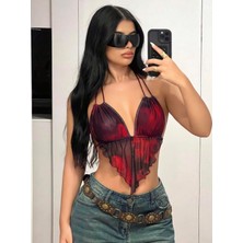 MOTTO10 Butik Kadın Kırmızı Siyah Renklerde Önden Üçgen Kesim Detaylı Crop Askılı Önden Bağlama 5092