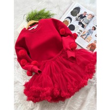 The Littles Kids Kız Çocuk Kırmızı Ponponlu Pamuklu Kumaş Mevsimlik Sweatshirt ve Astarlı Tütü Etekli Takım